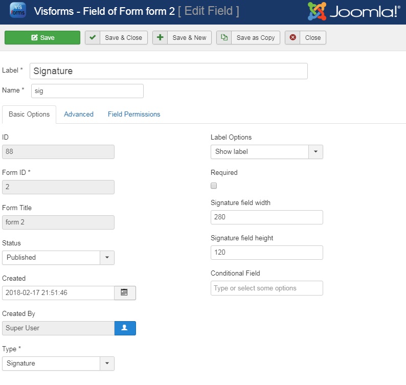 Signature field configuration options