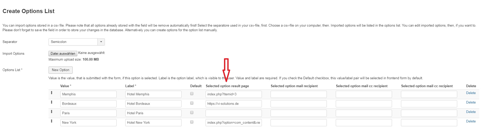 Option depending success pages